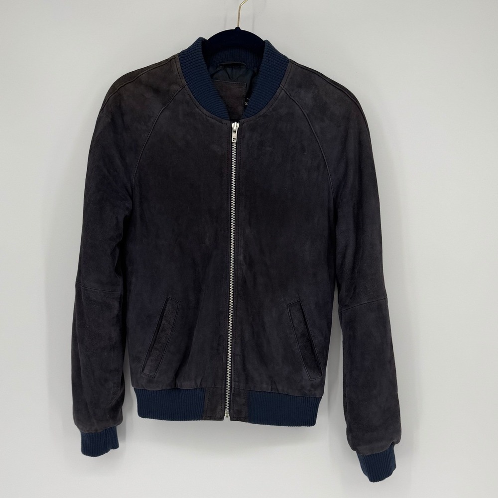 ASOS Mens XXXS Real Suede Leather Bomber Jacket Navy Blue Full Zip Quilted